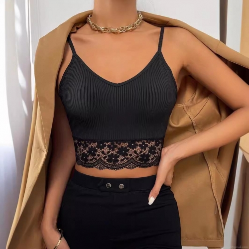 Women Sexy Lace Patchwork Ribbed Knit Cami Top V-Neck Slim Fit Sleeveless Black Crop Top Summer Tank Top