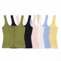 Women's Slim Fit Knit Tank Top With Metal Buttons Sleeveless U-Neck Ribbed Camisole Summer Casual Streetwear Vest Tops