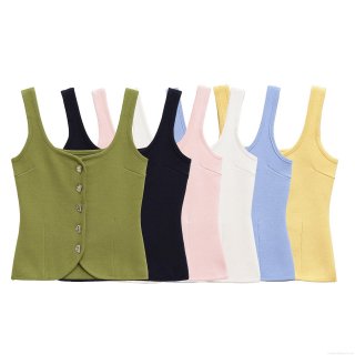 Women's Slim Fit Knit Tank Top With Metal Buttons Sleeveless U-Neck Ribbed Camisole Summer Casual Streetwear Vest Tops