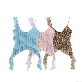 Women's Summer Mesh Camisole Top Polyester Layered Ruffle Slim Fit Irregular Hem Floral Leopard Print Asymmetric Strap Sleeveless Tank Top For Streetwear