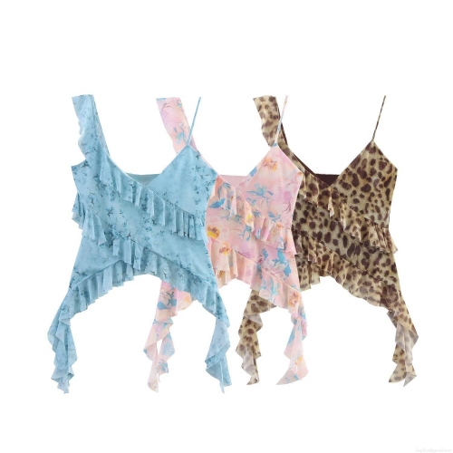 Women's Summer Mesh Camisole Top Polyester Layered Ruffle Slim Fit Irregular Hem Floral Leopard Print Asymmetric Strap Sleeveless Tank Top For Streetwear