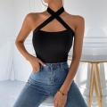 Women Sexy Halter Neck Cross Front Ribbed Knit Tank Top Slim Fit Backless Sleeveless Summer Crop Top Streetwear Party Vest For Women