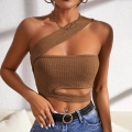 Women Sexy One Shoulder Hollow Out Knit Crop Top Ribbed Sleeveless Slim Fit Camisole For Summer Party Clubwear Sexy Casual Solid Color Top