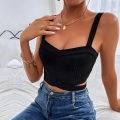 Women's Sexy Black Ribbed Tank Top V-Neck Cropped Crossover Hem Sleeveless Cami Slim Fit Summer Hollow Out Streetwear Vest Top