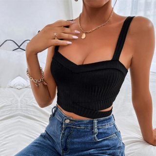 Women's Sexy Black Ribbed Tank Top V-Neck Cropped Crossover Hem Sleeveless Cami Slim Fit Summer Hollow Out Streetwear Vest Top