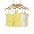 Women Eyelet Embroidery Lace-up Camisole Ruffled Strap Slim Fit Crop Top For Summer Vacation Party Ladies Elegant Cotton Blend Eyelet Tube Top