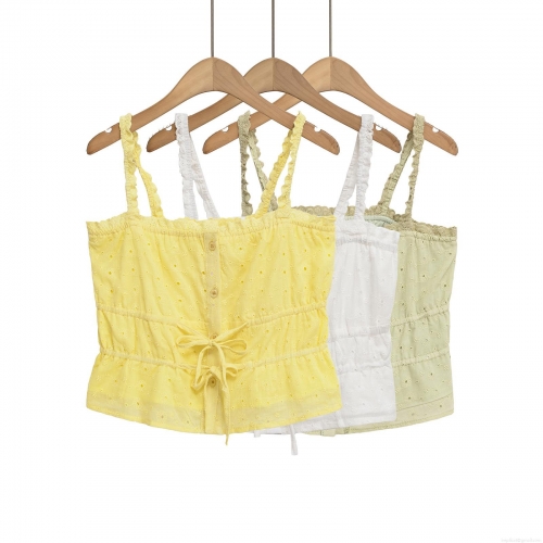 Women Eyelet Embroidery Lace-up Camisole Ruffled Strap Slim Fit Crop Top For Summer Vacation Party Ladies Elegant Cotton Blend Eyelet Tube Top