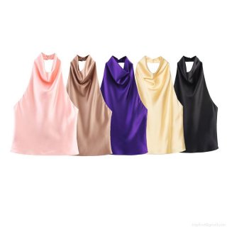 Elegant Satin Halter Tank Top Sleeveless Glossy Silk Texture Backless Camisole For Women Summer Party Clubwear Sexy Chic Vest