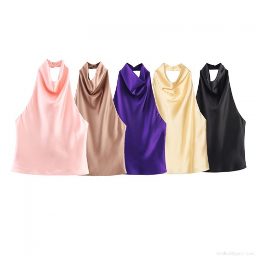 Elegant Satin Halter Tank Top Sleeveless Glossy Silk Texture Backless Camisole For Women Summer Party Clubwear Sexy Chic Vest