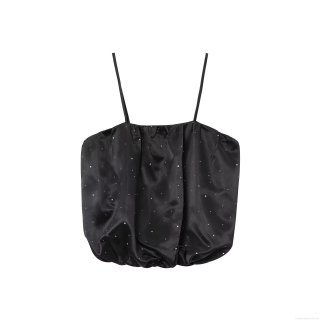 Women's Black Satin Rhinestone Camisole Top Sexy Spaghetti Strap Bubble Hem Tank Top Party Clubwear Streetwear For Women