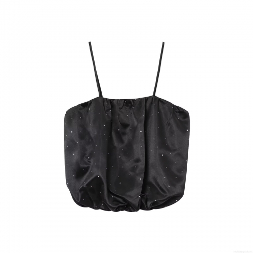 Women's Black Satin Rhinestone Camisole Top Sexy Spaghetti Strap Bubble Hem Tank Top Party Clubwear Streetwear For Women