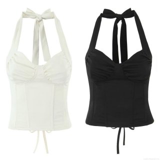 Women's Sexy Halter Corset Top 100% Polyester Lace Up Back Boned Tank Top For Party Summer Clubbing Slim Fit Sleeveless Crop Top