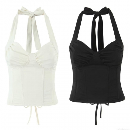 Women's Sexy Halter Corset Top 100% Polyester Lace Up Back Boned Tank Top For Party Summer Clubbing Slim Fit Sleeveless Crop Top