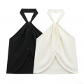 Women's Sexy Halter Neck Backless Camisole Top Button Decor Knotted Sleeveless Slim Fit Polyester Streetwear Vest For Summer Party