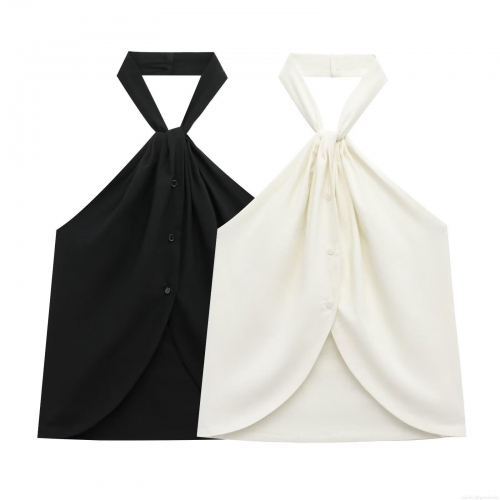 Women's Sexy Halter Neck Backless Camisole Top Button Decor Knotted Sleeveless Slim Fit Polyester Streetwear Vest For Summer Party