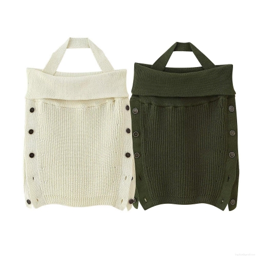 Women Halter Knit Vest Button Decoration Sleeveless Camisole Polyester Ribbed Tank Top Streetwear Summer Sexy Backless Crop Top For Daily Party Vacation