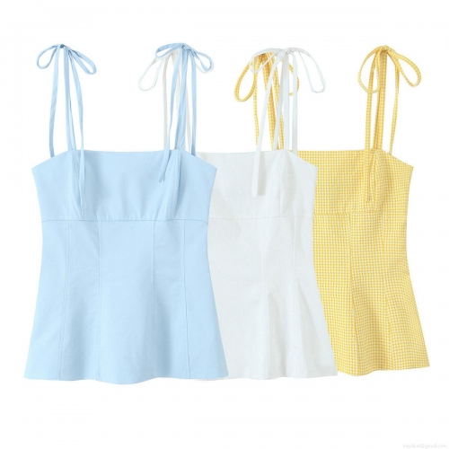 Women's Chic Bow Tie Strap Cami Top Square Neck Slim Fit Woven Plaid Solid Color Cropped Tank Top For Summer Casual Vacation