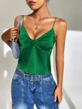 Women's Sexy V Neck Satin Camisole Top Solid Color Spaghetti Strap Tank Top Sleeveless Knot Front Summer Backless Silky Blouse For Party Clubwear