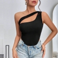 Women Sexy One Shoulder Rib-Knit Crop Top Polyester Spandex Asymmetric Cut-Out Tank Top For Summer Party Clubwear Slim Fit Irregular Hem Vest