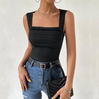 Women's Sexy Slim Fit Knitted Ribbed Tank Top Square Neck Pleated Sleeveless Vest Summer Casual Polyester Elastane Cami Top For Women