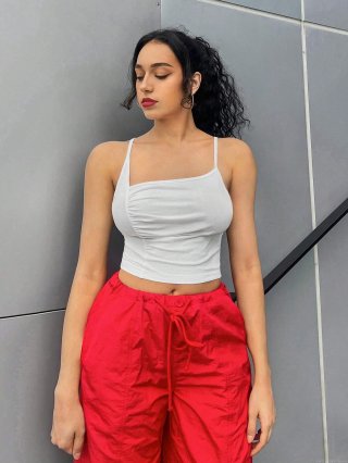 Women's Ruched Cami Crop Top Sexy Slim Fit Cotton Blend Sleeveless Vest Summer Casual Streetwear Tank Top for Women Fashion