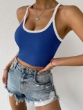 Women's Ribbed Knit Crop Tank Top Contrast Trim Square Neck Cross Back Slim Fit Sleeveless Cami Top for Summer Streetwear American Retro Style
