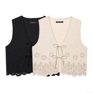 Women V Neck Lace-up Sleeveless Vest Top Polyester Hollow Embroidery Scalloped Edge Western Streetwear Vintage Bohemian Waistcoat Outwear