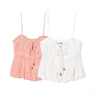 Women's Pleated Drawstring Cami Top Cotton Blend Ruffle Hem Tank Top With Wooden Beads Boho Sleeveless Summer Beach Cropped Vest For Women