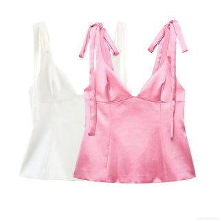 Women's Satin Cami Top V-Neck Bow Tie Shoulder Straps Solid Color Sleeveless Vest For Summer Daily Streetwear Fashion Slim Fit Tank Top