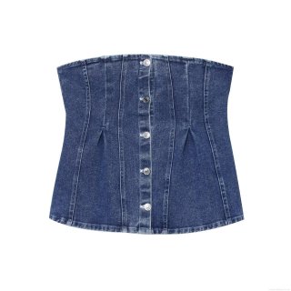 Women's Fashion Washed Denim Tube Top Slim Fit Single Breasted Corset Vest Sexy Strapless Streetwear Summer Blue Crop Top