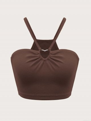 Women's Ribbed Knit Halter Neck Camisole With Heart Metal Buckle Sexy Slim Fit Short Tank Top For Summer Party Polyester Elastane Crop Top