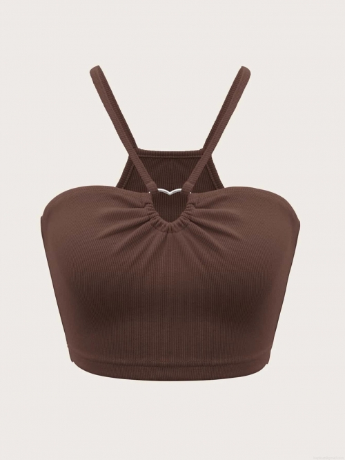 Women's Ribbed Knit Halter Neck Camisole With Heart Metal Buckle Sexy Slim Fit Short Tank Top For Summer Party Polyester Elastane Crop Top