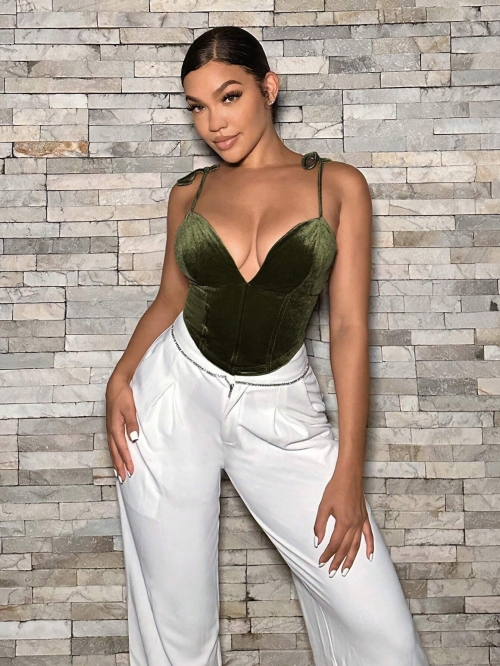 Women Sexy Velvet Deep V Neck Camisole Asymmetrical Fishbone Corset Tank Top Slim Fit 95% Polyester 5% Elastane Bow Shoulder Strap Club Party Y2K Crop Top