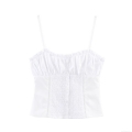 Women's White Hollow Out Embroidery Camisole Cotton Blend Button Down Slim Fit Crop Top Sexy Sleeveless Ruffle Tank Top For Summer Vacation Streetwear