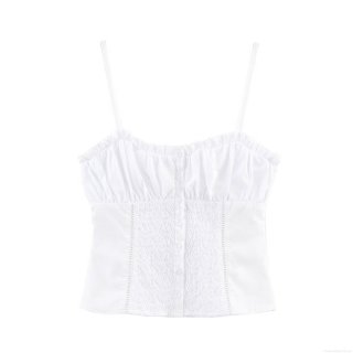 Women's White Hollow Out Embroidery Camisole Cotton Blend Button Down Slim Fit Crop Top Sexy Sleeveless Ruffle Tank Top For Summer Vacation Streetwear