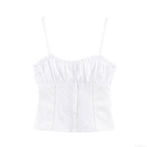 Women's White Hollow Out Embroidery Camisole Cotton Blend Button Down Slim Fit Crop Top Sexy Sleeveless Ruffle Tank Top For Summer Vacation Streetwear