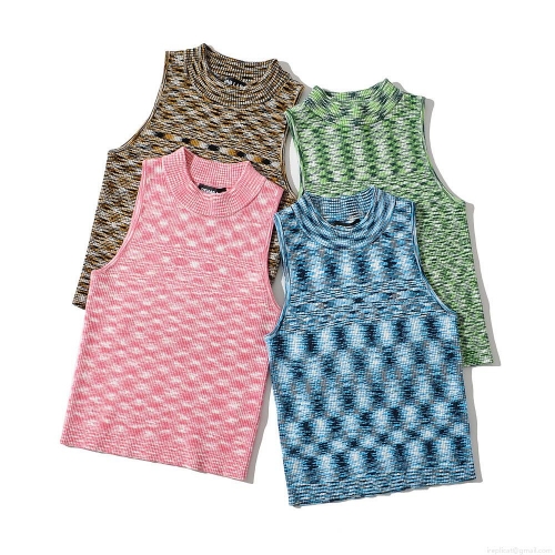 Women's Sleeveless Knit Tank Top Summer Irregular Abstract Pattern Slim Fit Mock Neck Rayon Nylon Blend Stretchy Vest Streetwear Casual Top For Women