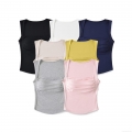 Women's Square Neck Ruched Tank Top With Chest Pad Sleeveless Viscose Elastane Blend Casual Streetwear Slim Fit Basic T-Shirt