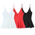 Women's V Neck Peplum Cami Top Sexy Backless Spaghetti Strap Sleeveless Blouse Solid Color Polyester Ruffle Hem Shirt Summer Streetwear Party Outfits