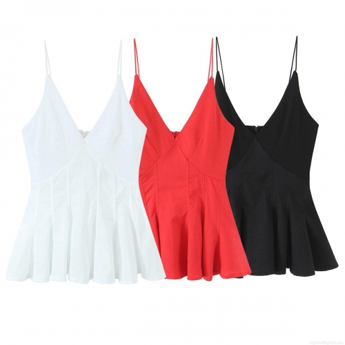 Women's V Neck Peplum Cami Top Sexy Backless Spaghetti Strap Sleeveless Blouse Solid Color Polyester Ruffle Hem Shirt Summer Streetwear Party Outfits