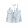 Women Halter Neck Tank Top Blue White Striped Backless Bow Tie Cropped Camisole Top With Lace Trim For Summer Streetwear Daily Wear