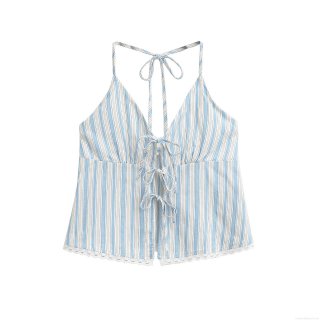 Women Halter Neck Tank Top Blue White Striped Backless Bow Tie Cropped Camisole Top With Lace Trim For Summer Streetwear Daily Wear