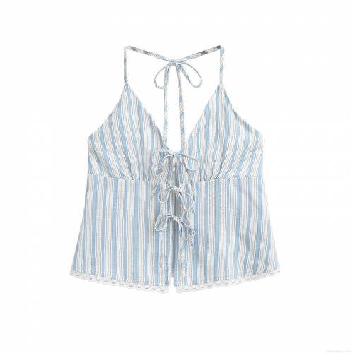 Women Halter Neck Tank Top Blue White Striped Backless Bow Tie Cropped Camisole Top With Lace Trim For Summer Streetwear Daily Wear