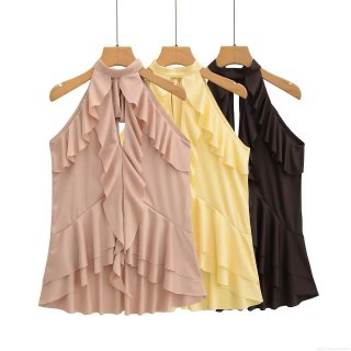 Women's Sexy Halter Neck Ruffle Tank Top Sleeveless Chiffon Feel Solid Color Back Tie Summer Beach Party Cami Top For Women