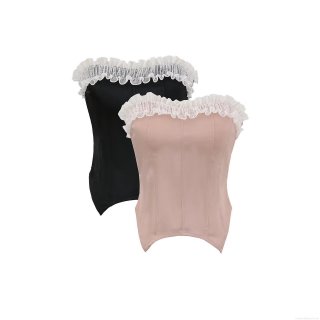 Women's Sexy Satin Corset Top With White Lace Trim Strapless Fishbone Support Slim Fit Cropped Tube Top Party Clubwear Summer Camisole