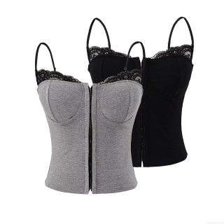 Women's Lace Splicing Camisole With Chest Pad Slim Fit Rayon Spandex Ribbed Tank Top Front Hook Closure Sexy Streetwear Sleeveless Vest Summer Top