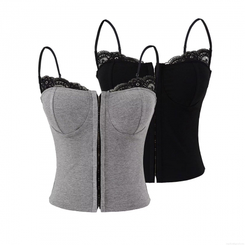 Women's Lace Splicing Camisole With Chest Pad Slim Fit Rayon Spandex Ribbed Tank Top Front Hook Closure Sexy Streetwear Sleeveless Vest Summer Top