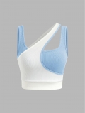 Women Sexy Ribbed Knit Crop Top Asymmetric Shoulder Color-Block Patchwork Slim Fit Sleeveless Cami Tank Top Streetwear Party Clubwear Summer