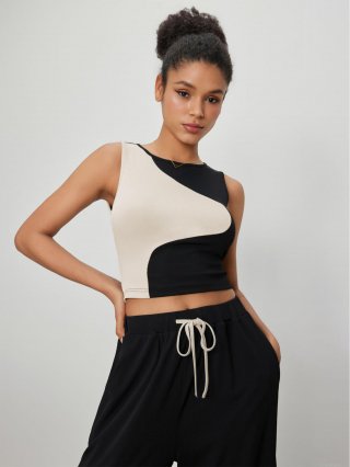 Women's Sexy Color Block Patchwork Ribbed Crop Tank Top Viscose Polyester Blend Slim Fit Round Neck Sleeveless Vest Summer Streetwear Top