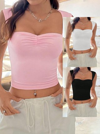 Women's Sexy Ruched Tank Top Cotton Polyester Spandex Square Neck Backless Cropped Slim Fit Summer Sleeveless Camisole Top Casual Party Streetwear